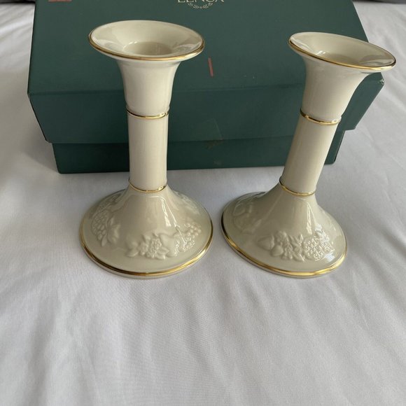 Lenox - Fruits of Life Candlesticks Fine China 24k Trim in Box With COA - Picture 2 of 9